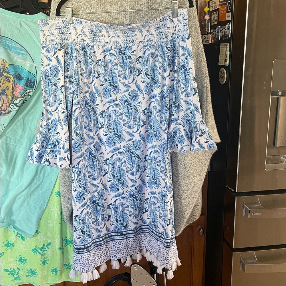 Cabana Life Charleston Off Shoulder Dress Blue Paisley White Tassels Size XL
